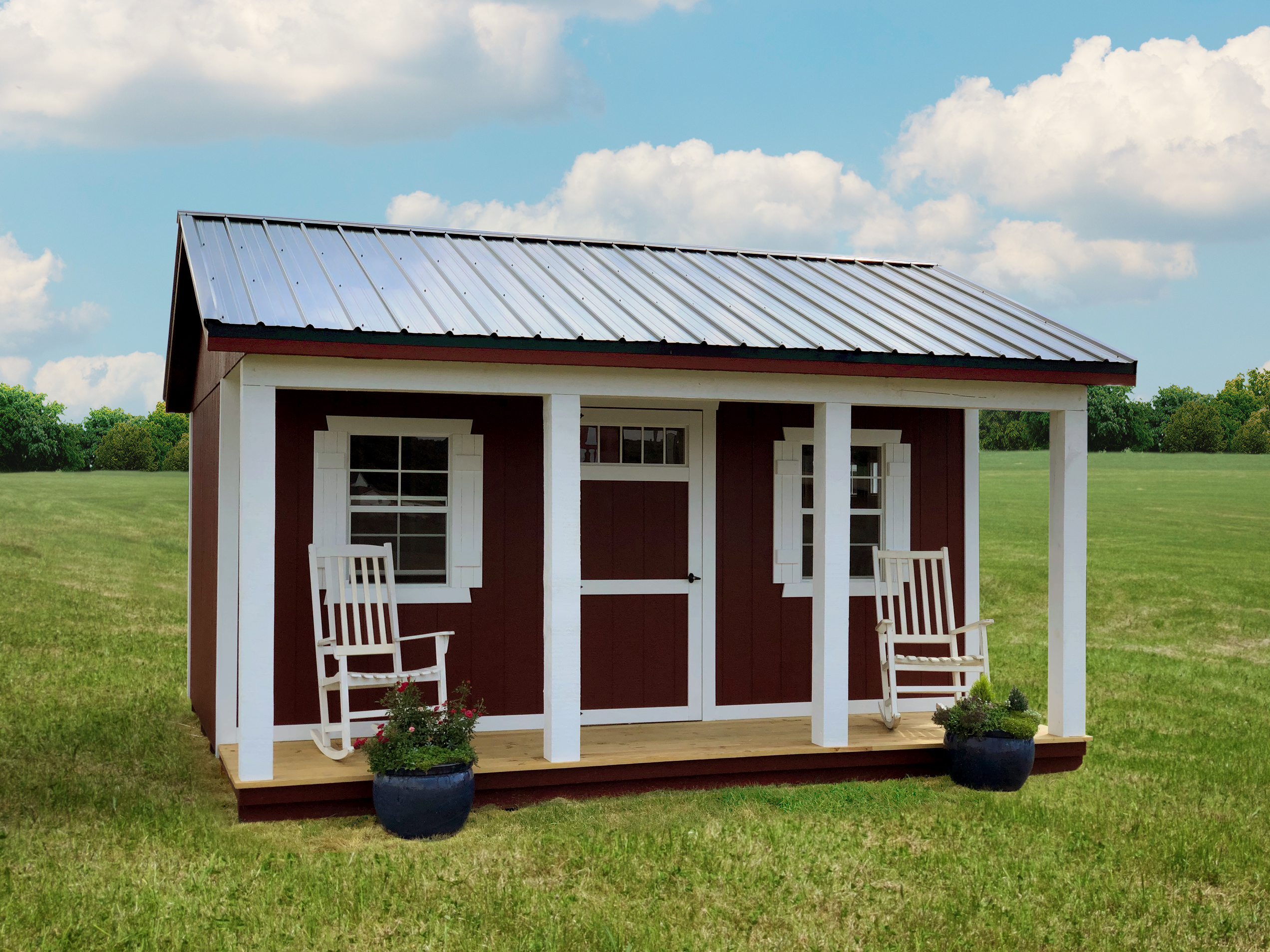 red cabin with white trim